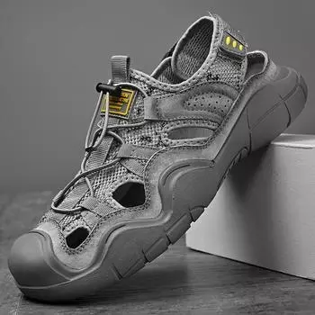 Пляжная обувь, мужская летняя дышащая полые туфли с мягкой подошвой и закрытым носком, лето 2024, повседневная обувь большого размера для спорта на открытом воздухе 38 серый