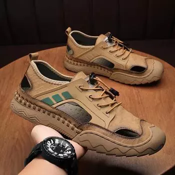 Пляжная обувь, мужская повседневная обувь из воловьей кожи, дышащая, с одной педалью, с мягкой подошвой, нескользящая повседневная обувь ручной работы 38 чёрный