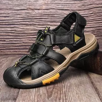 Пляжная обувь. Мужские новые полые дышащие сандалии с закрытым носком и мягкой подошвой. Удобная износостойкая обувь для верховой езды. 38 чёрный
