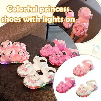 Пляжная обувь со светодиодной подсветкой и бантом, сандалии для девочек с мягкой подошвой, обувь принцессы 21 белый