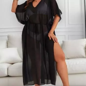 Пляжная одежда больших размеров для женщин, сексуальные и тонкие дышащие пляжные юбки, солнцезащитные блузки для отпуска 1XL чёрный