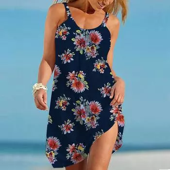 Пляжная одежда Мини-платье с красным принтом хризантемы Повседневное современное платье без рукавов Свободный крой Повседневное летнее платье для улицы XS оранжевый