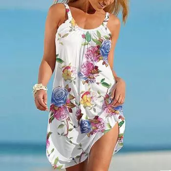 Пляжная одежда Мини-платье с красочным цветочным принтом Повседневное современное платье без рукавов Свободный крой для улицы Повседневное летнее XS красный