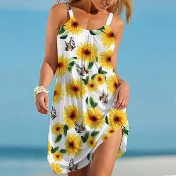 Пляжная одежда Мини-платье с принтом хризантемы Повседневное современное платье без рукавов Свободный крой Повседневное летнее платье для улицы XS синий