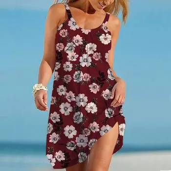 Пляжная одежда Мини-платье с принтом в виде цветка Повседневное современное платье без рукавов Свободный крой Повседневное летнее платье для улицы XS синий