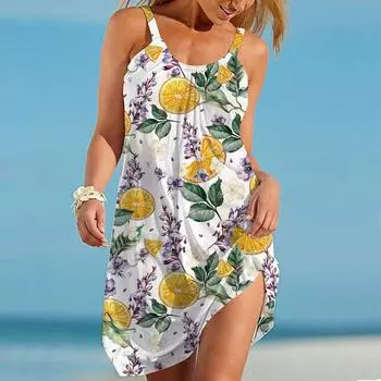 Пляжная одежда Мини-платье с принтом лимона Повседневное современное платье без рукавов Свободный крой Повседневное летнее платье для улицы XS оранжевый