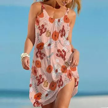 Пляжная одежда Мини-платье с принтом кактуса Повседневное современное платье без рукавов Свободный крой Повседневное летнее платье для улицы XS синий