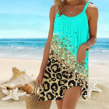 Пляжная одежда Мини-платье с принтом Модная и стильная свободная юбка-камисоль Повседневное современное платье без рукавов Свободный крой для улицы Повседневное лето XS