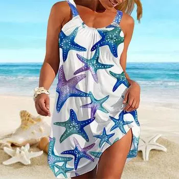 Пляжная одежда Мини-платье с принтом Модная юбка-камисоль с морским элементом Повседневное современное платье без рукавов Свободный крой для улицы Повседневное летнее XS синий