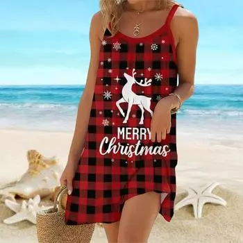Пляжная одежда Мини-платье с принтом Рождественская тематическая юбка с принтом Повседневное современное платье без рукавов Свободный крой для улицы Повседневное лето XS красный