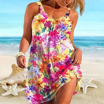 Пляжная одежда Мини-платье с принтом Свободная и модная юбка-камисоль Повседневное современное платье без рукавов Свободный крой для улицы Повседневное лето XS