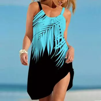 Пляжная одежда Мини-платье с принтом банановых листьев Повседневное современное платье без рукавов Свободный крой Повседневное летнее платье для улицы XS синий