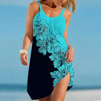 Пляжная одежда Мини-платье с принтом подсолнуха Повседневное современное платье без рукавов Свободный крой для улицы Повседневное летнее XS синий