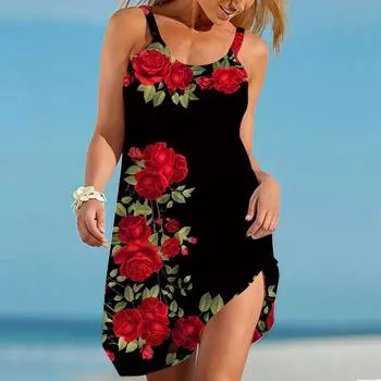 Пляжная одежда Мини-платье с принтом красной розы Повседневное современное платье без рукавов Свободный крой для улицы Повседневное летнее XS синий