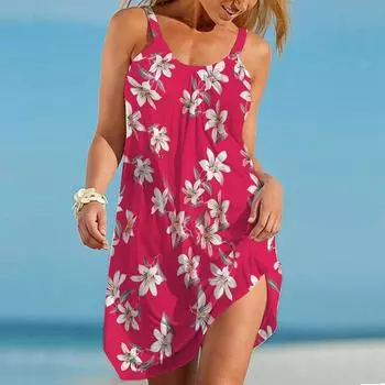 Пляжная одежда Мини-платье с принтом орхидеи Повседневное современное платье без рукавов Свободный крой Повседневное летнее платье для улицы XS зелёный