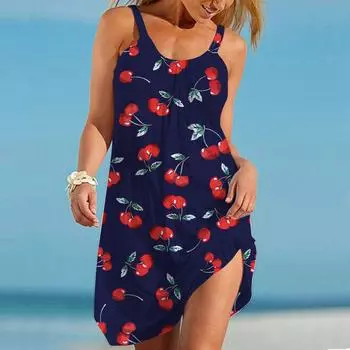 Пляжная одежда Мини-платье с принтом вишни Повседневное современное платье без рукавов Свободный крой Повседневное летнее платье для улицы XS белый