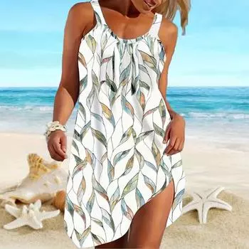 Пляжная одежда Мини-платье с принтом, свободная юбка с мелким принтом, повседневное современное платье без рукавов, свободный крой, для улицы, повседневное лето XS красный