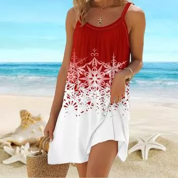Пляжная одежда Мини-платье с принтом в виде рождественских снежинок Свободная юбка Повседневное современное платье без рукавов Свободный крой Повседневное летнее платье для улицы XS красный