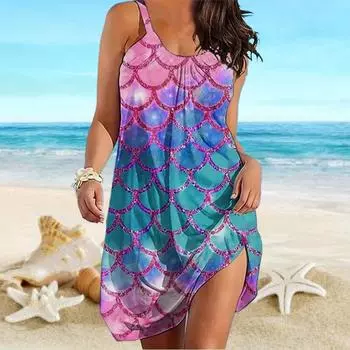 Пляжная одежда Мини-платье с принтом «рыбья чешуя» Бутиковая свободная юбка на бретелях Повседневное современное платье без рукавов Свободный крой для улицы Повседневное летнее XS оранжевый