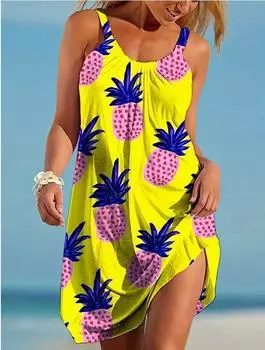 Пляжная одежда Мини-платье с принтом ананаса Свободная юбка-камисоль Повседневное современное платье без рукавов Свободный крой для улицы Повседневное лето XS жёлтый