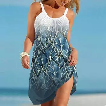 Пляжная одежда Мини-платье с золотистым краем и принтом листьев Повседневное современное платье без рукавов Свободный крой Повседневное летнее платье для улицы XS зелёный
