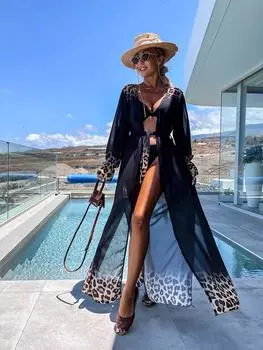 Пляжная одежда с леопардовым принтом, купальный костюм, накидка, плюс размер, шифоновое платье макси с длинными рукавами и открытым передом, кимоно, кардиган, легкая туника, пояс, наряд A2705 One Size белый