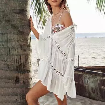 Пляжная рубашка-бикини Yousheng, расклешенная рубашка с длинным рукавом, однобортный купальник, пальто, ажурная женская рубашка средней длины белый