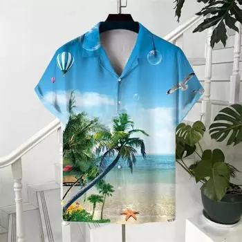 Пляжная рубашка Популярная машинная стирка Повседневная рубашка с принтом кокосовой пальмы Мужская пляжная рубашка Одежда Мужская рубашка для мужчин M небесно-голубой