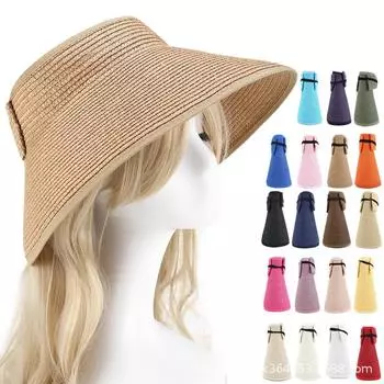 Пляжная шляпа без ремней, солнцезащитный козырек, пустая шляпа-цилиндр, соломенная шляпа, женская летняя солнцезащитная шляпа, складная шляпа с большим краем, шляпа для взрослых и детей Adult size (56-59cm) чёрный