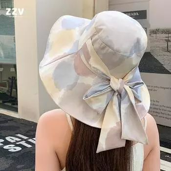 Пляжная шляпа рыбака с бантом, детская, 2024, модная, с большими карнизами, виниловая, солнцезащитная шляпа от солнца, национальный стиль, брызги чернил average size светло-синий