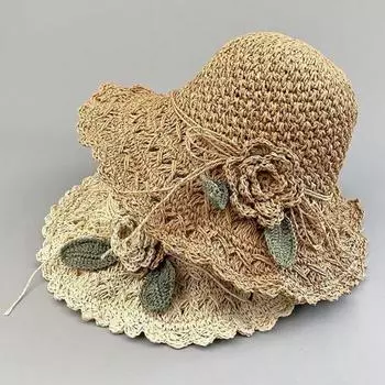 Пляжная шляпа, женская шляпа от солнца с цветочным узором ручной работы и широкими полями, защита от ультрафиолета, складная вязаная крючком соломенная кепка для летних пляжных путешествий бежевый
