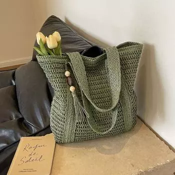 Пляжная сумка для лета Соломенные сумки Ручной работы Тканые сумки Женские дорожные сумки Сумки для покупок One Size бежевый