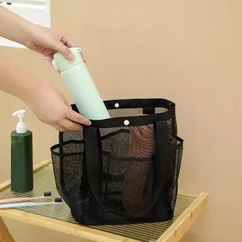 Пляжная сумка Полая сетка Дренаж Большая вместимость Несколько карманов Быстросохнущая портативная душевая кабина для общежития колледжа Ванная комната Шампунь для мытья тела Хранение мыла чёрный