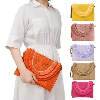 Пляжная сумка ручной работы, большая вместительная соломенная сумка через плечо с бахромой на магнитной застежке, тканый конверт розы красного