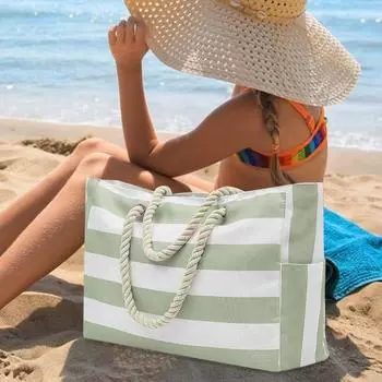 Пляжная сумка с боковым карманом, плетеный карман, веревка, внутренняя водонепроницаемая толстая пескозащитная застежка-молния серый