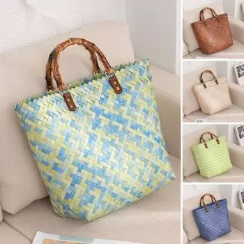 Пляжная сумка с деревянной ручкой. Изысканный многофункциональный плетеный вручную ротанг, большой соломенный дорожный аксессуар, ежедневное хранение. Large