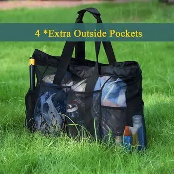 Пляжная сумка с несколькими карманами, сетка с отверстиями, защита от песка, большая вместимость, прочная застежка-молния, большая грузоподъемность, сандалии, солнцезащитные очки, сумка Storoge чёрный