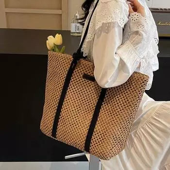 Пляжная тканая сумка-тоут для женщин, новинка 2024 года, летняя популярная универсальная тканая сумка из травы, модная сумка на плечо