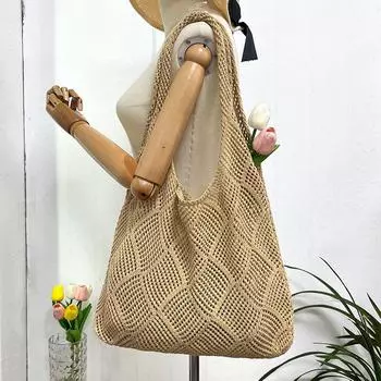 Пляжная вязаная сумка ручной работы для женщин, легкая вязаная сумка-тоут, летняя сумка для покупок, дорожная сумка через плечо 37x2x29cm бежевый