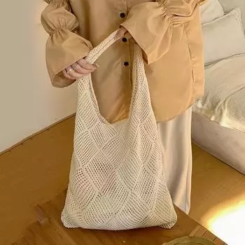 Пляжная вязаная сумка ручной работы для женщин, легкая вязаная сумка-тоут, летняя сумка для покупок, дорожная сумка через плечо 37x2x29cm бежевый