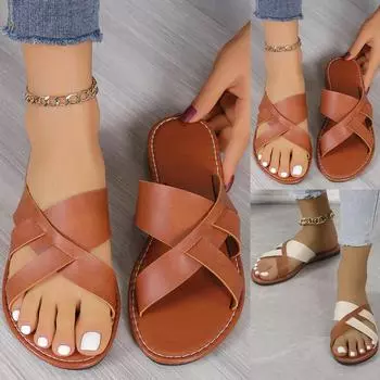 Пляжная женская обувь в стиле ретро, летняя повседневная нескользящая верхняя одежда, сандалии на плоской подошве из мягкой кожи большого размера, тапочки, пляжная одежда 43