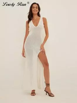 Пляжное длинное платье, женское платье без рукавов с вырезом по бокам, летние белые тонкие женские платья с v-образным вырезом S белый
