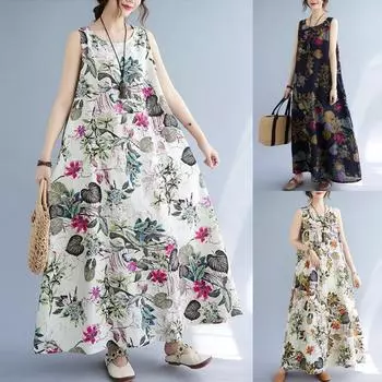 Пляжное длинное винтажное платье макси, женское летнее повседневное однотонное богемное платье без рукавов с круглым вырезом, Vestidos Damenkleid
