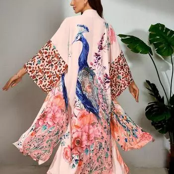 Пляжное кимоно Bohemian Plus Size с принтом в виде павлиньих перьев, летний кардиган с поясом One size