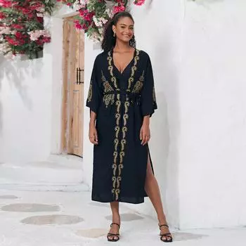 Пляжное кимоно с золотой вышивкой, накидки для купальников, накидки-обертки, платья для отдыха, купальные костюмы One Size чёрный