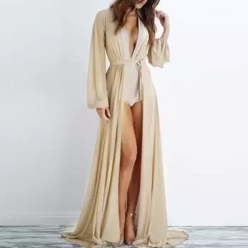 Пляжное накидка с длинным рукавом, защита от солнца, пляжная одежда, сексуальный сетчатый кардиган с рукавами-фонариками для плавания L чёрный