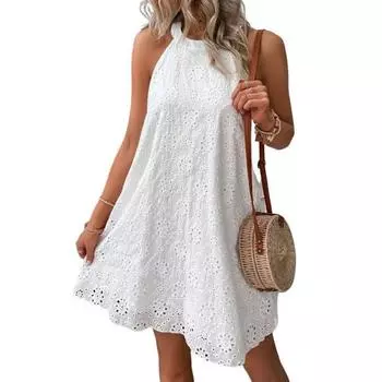 Пляжное платье без рукавов с круглым вырезом и открытыми плечами, сплошной цвет, свободный подол, женское летнее повседневное платье с лямкой на шее и цветком S белый