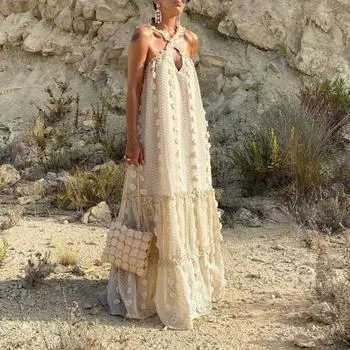 Пляжное платье без рукавов с открытой спиной и рюшами, большой подол, цветочный декор, женское длинное платье, сарафан XL бежевый