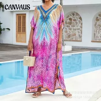 Пляжное платье больших размеров с принтом для женщин с рукавами «летучая мышь», бикини, накидка для загара One Size