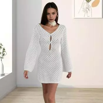 Пляжное платье-чехол, однотонное вязаное платье с v-образным вырезом и длинными рукавами, дышащий эластичный чехол для купальника S темный кофе